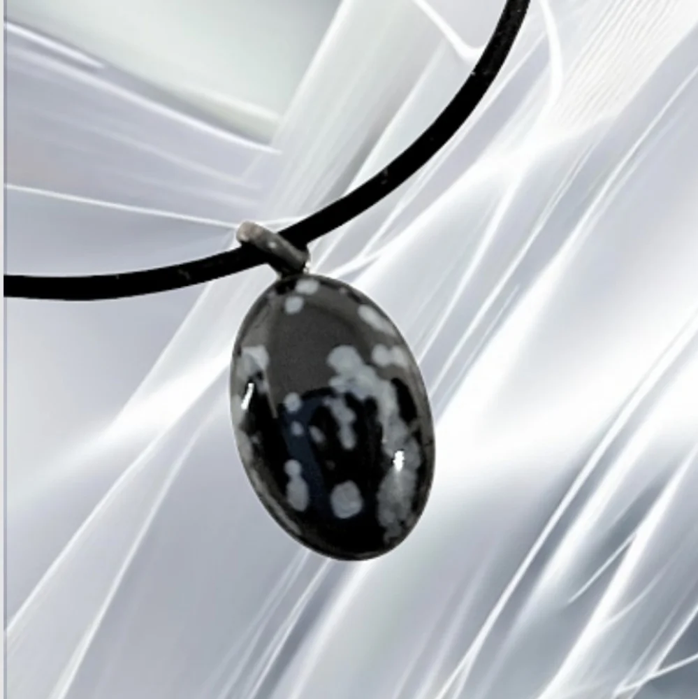 Black and Grey Cabochon Pendant with Black Cord Necklace